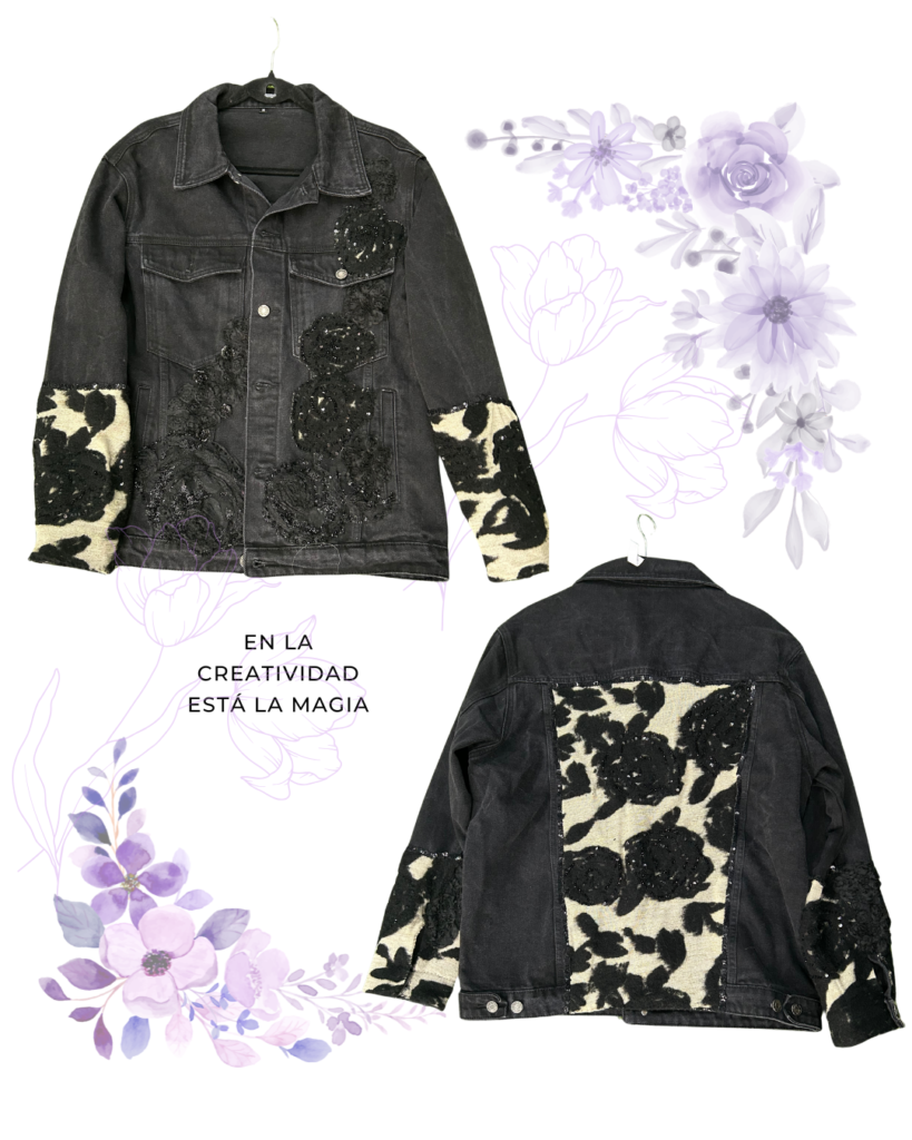 Chaqueta Denim Negra con Aplicaciones Florales - L – Edición Exclusiva