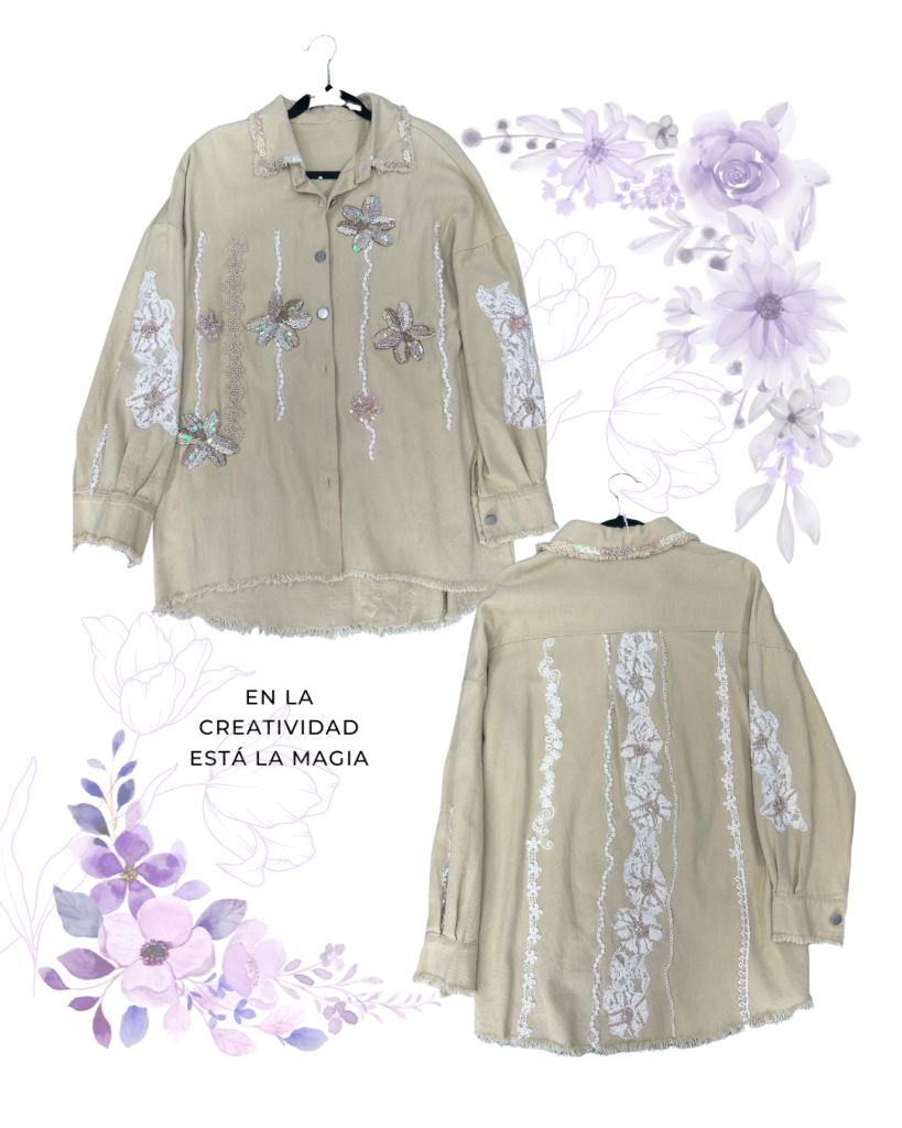 Blusa Lino Beige con Encaje y Flores Bordadas - L – Edición Exclusiva