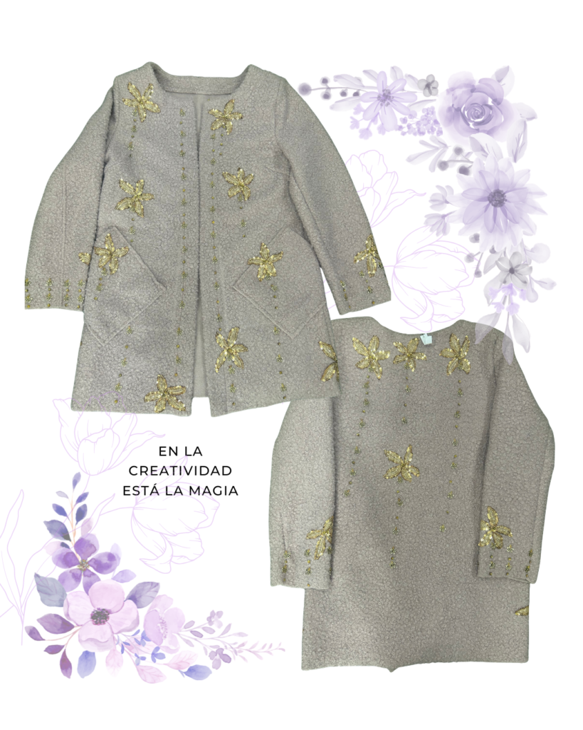Abrigo Texturizado Gris Perla con Bordados Dorados – L - Edición Exclusiva