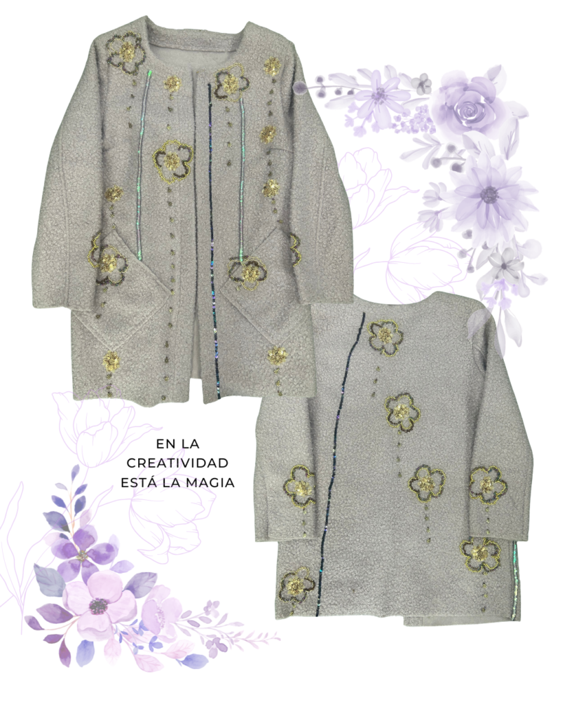 Abrigo Texturizado Gris Perla con Bordados Florales - M – Edición Exclusiva
