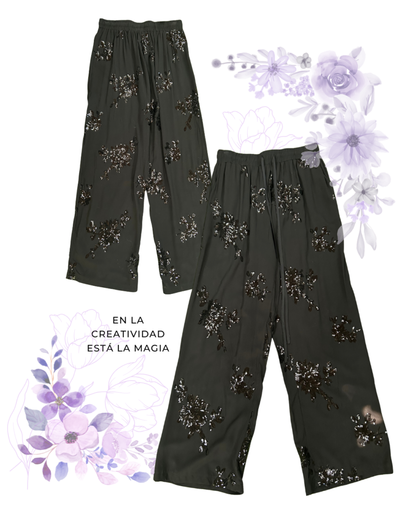 Pantalón Palazzo Negro con Bordados en Lentejuelas - M – Edición Exclusiva
