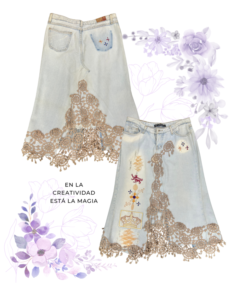 Falda Denim Midi con Encaje Artesanal - M – Edición Exclusiva