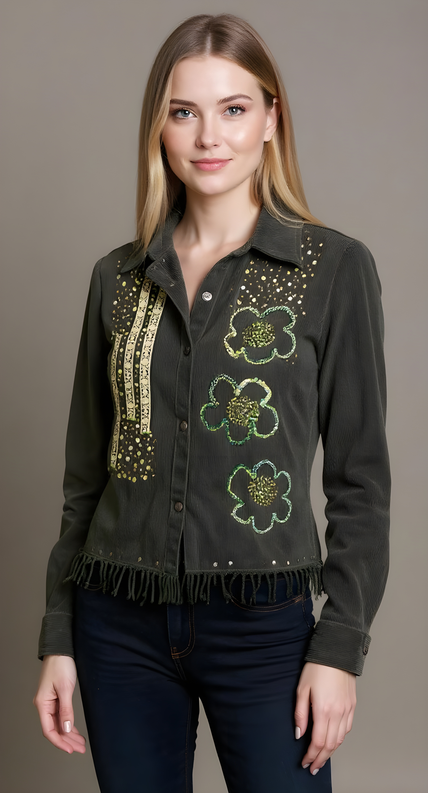 Blusa Cotelé Bordada con Flores Artesanales - L – Edición Exclusiva