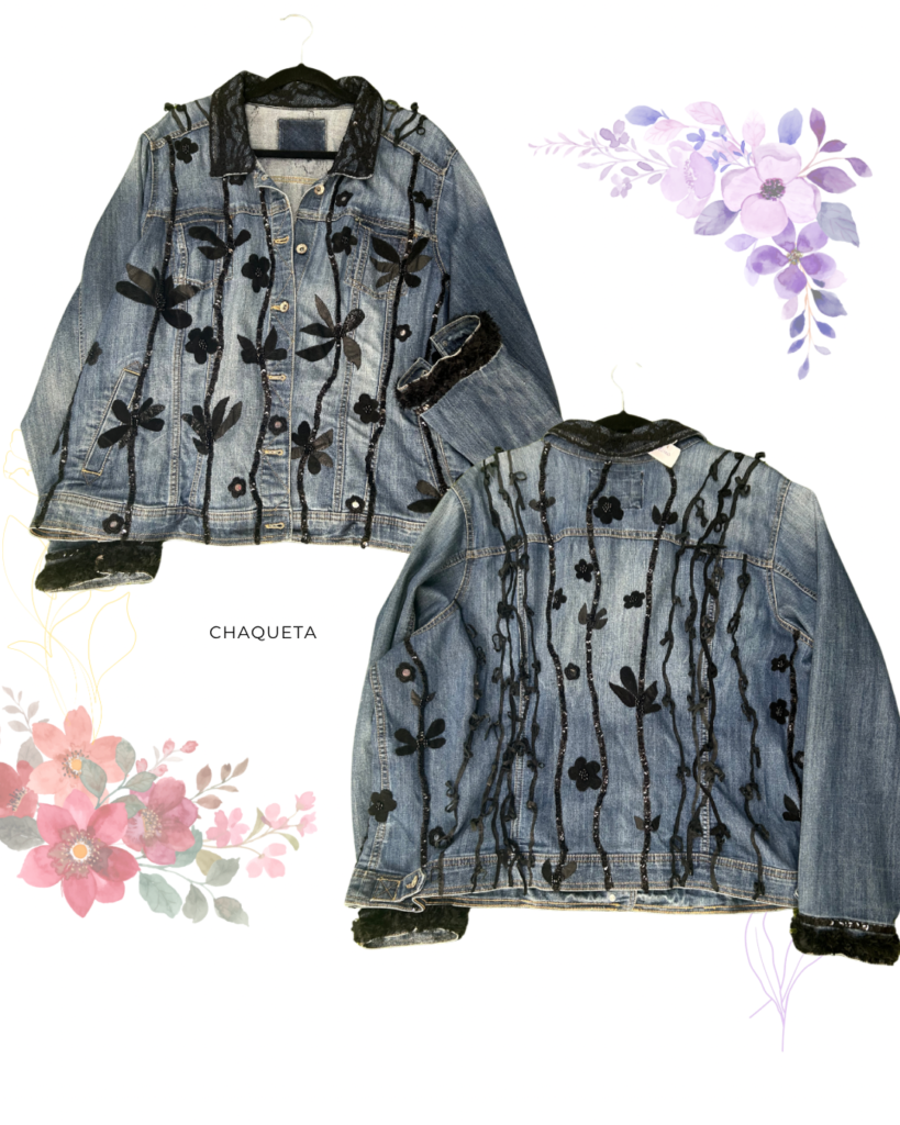 Chaqueta Denim Bordada con Gamuza y Cuero Negro XL– Edición Artesanal