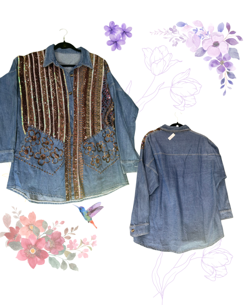 Chaqueta Denim Bordada en Café con Lentejuelas y Mostacillas XL – Edición Artesanal