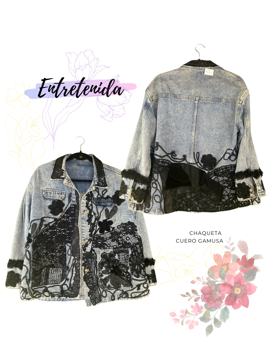 Chaqueta Denim con Encaje Negro Artesanal