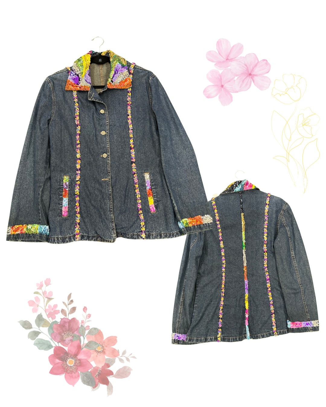 Chaqueta Denim Artesanal con Bordados Multicolor talla M