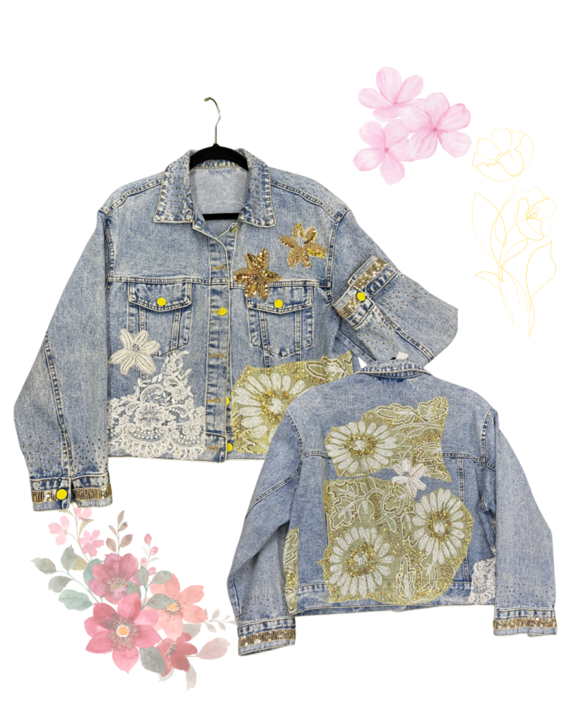 Chaqueta Denim Premium con Bordados Dorados Talla L