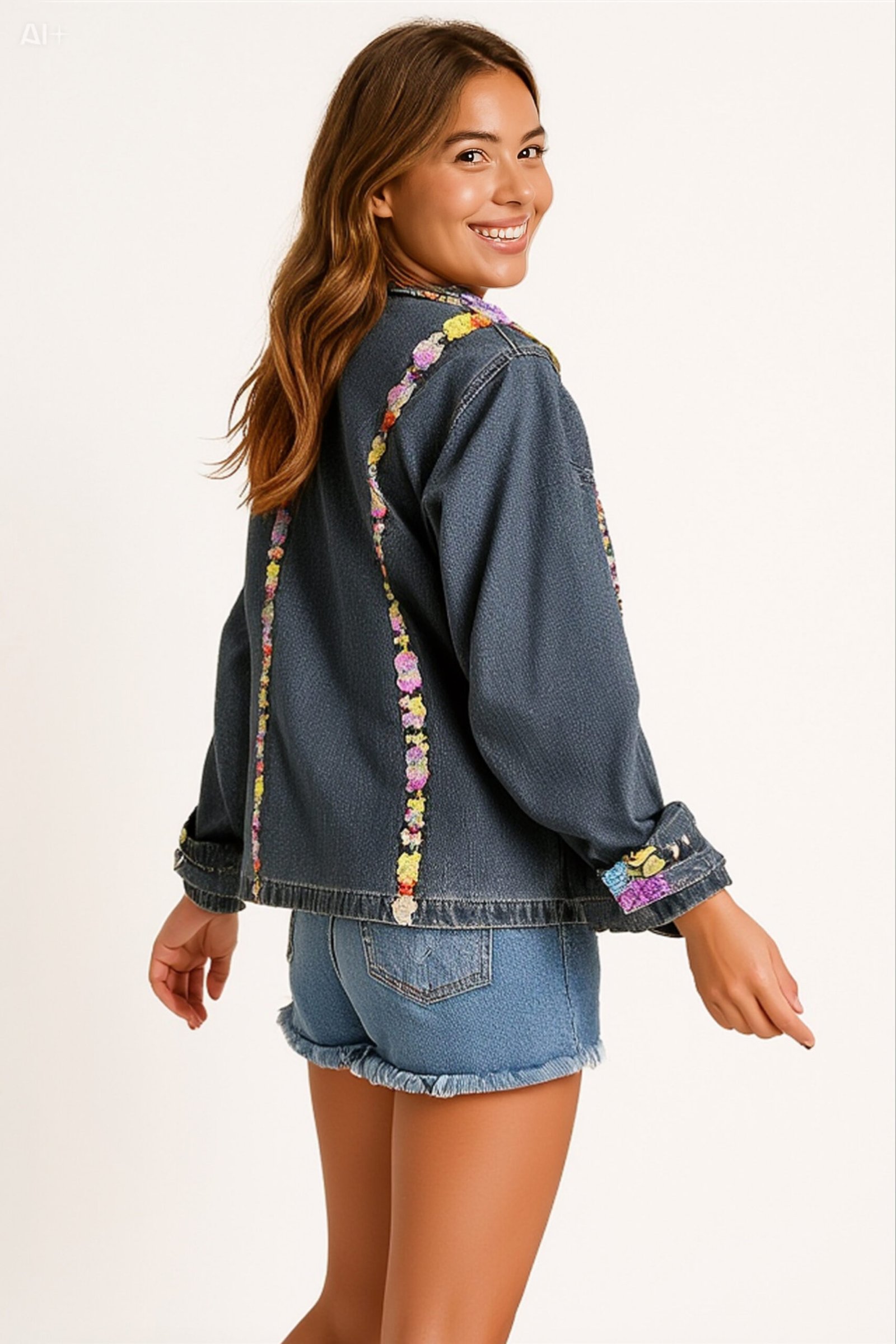 Chaqueta Denim Artesanal con Bordados Multicolor talla M - Imagen 2
