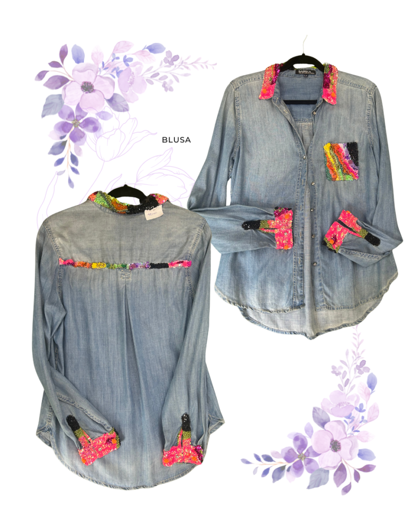 Blusa Denim Exclusiva con Detalles de Lentejuelas Multicolor