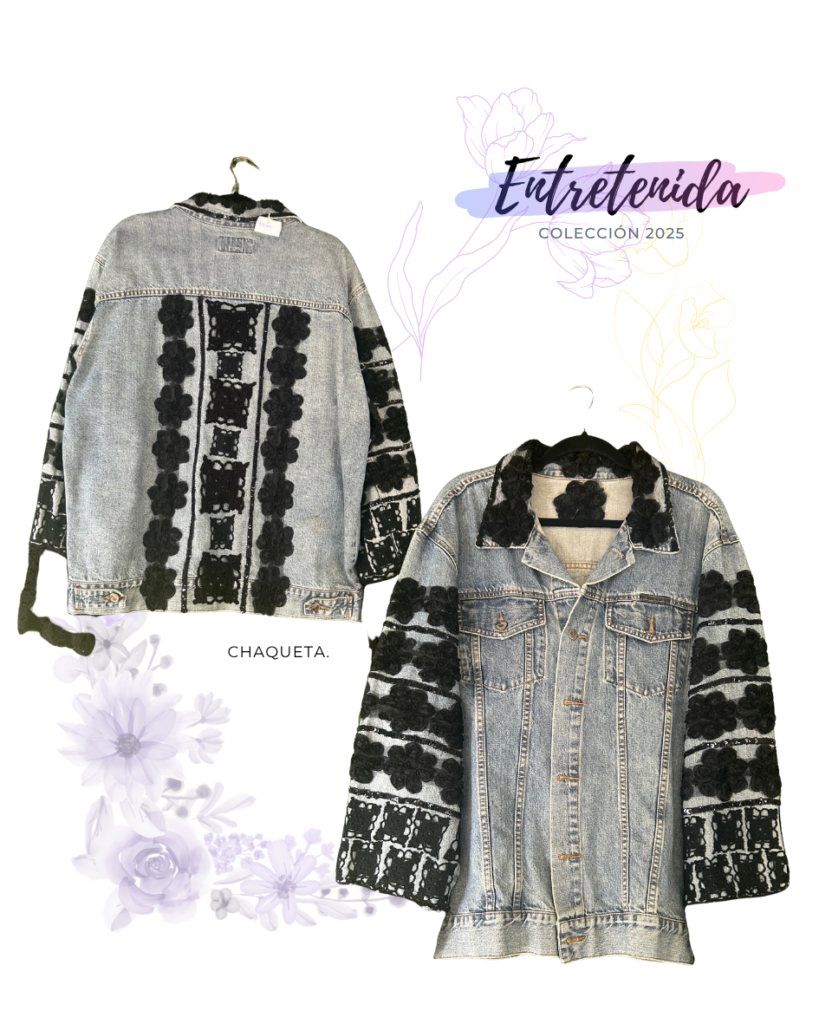 Chaqueta Denim Negra Bordada – Talla L | Edición Artesanal