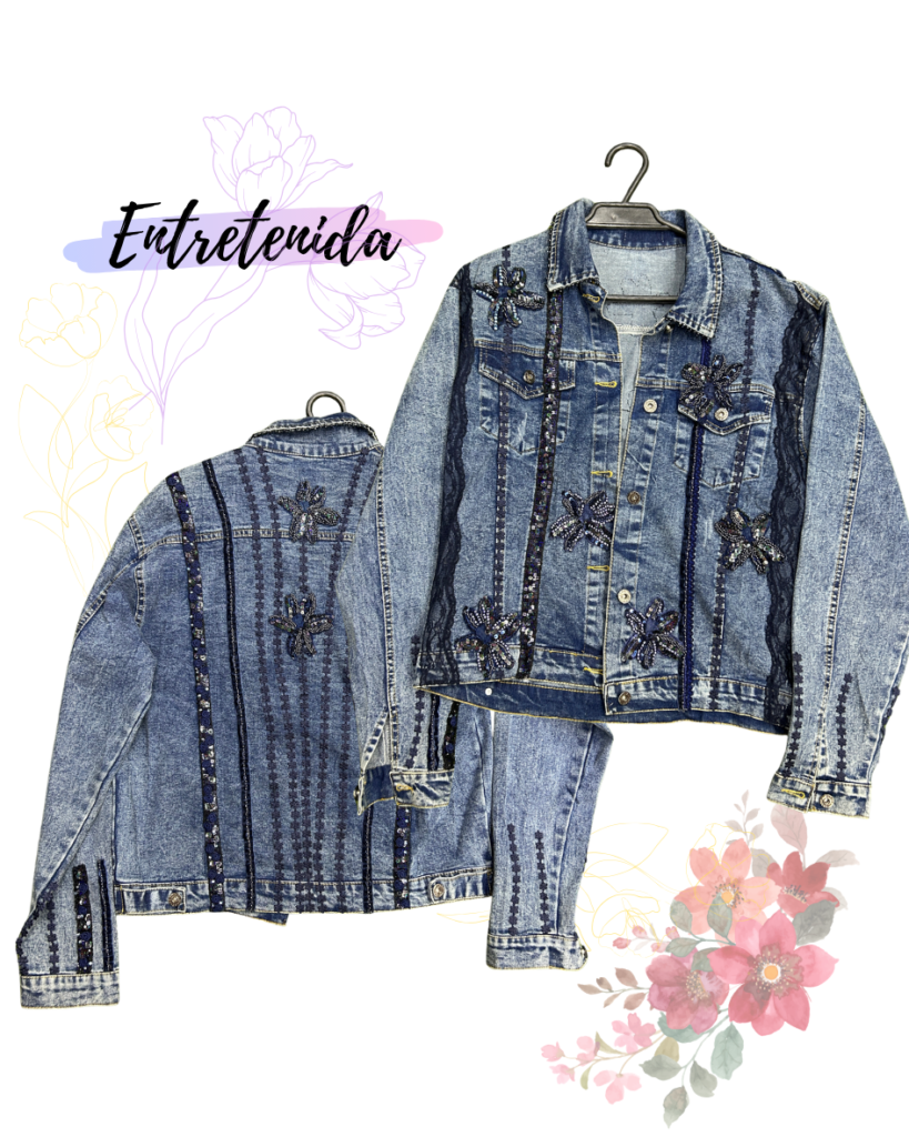 Chaqueta de Mezclilla Bordada con Aplicaciones Talla L – Pieza Única