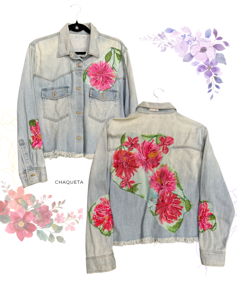 Chaqueta de Mezclilla Bordada con Flores Lentejuelas Talla L – Pieza Única