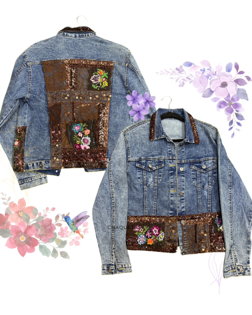 Chaqueta de Mezclilla Patchwork Bordada Talla L – Pieza Única