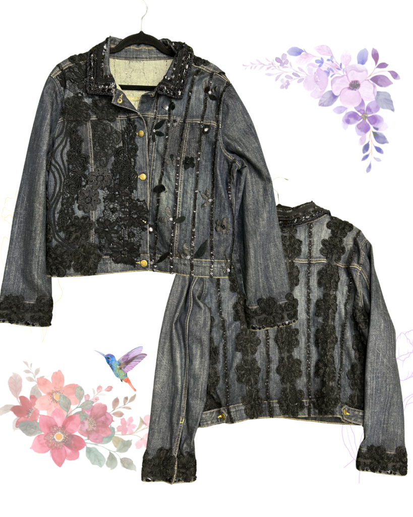 Chaqueta de Mezclilla con Encaje y Bordados Negros Talla L – Pieza Única
