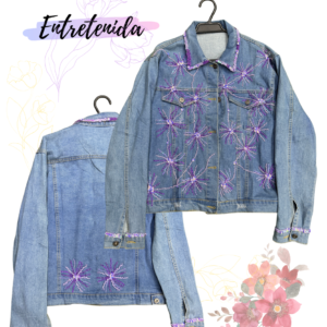 Chaqueta de Mezclilla Bordada con Lentejuelas Violetas Talla L  – Pieza Única