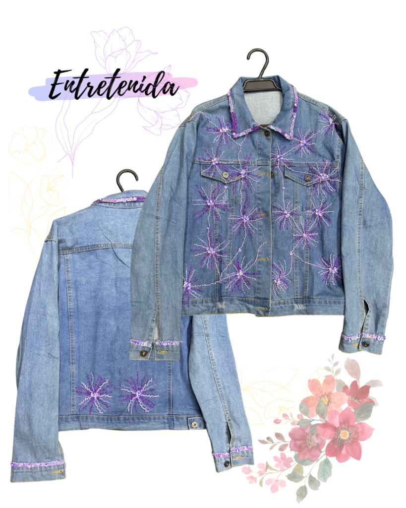 Chaqueta de Mezclilla Bordada con Lentejuelas Violetas Talla L  – Pieza Única